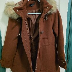 CoffeeShop Women's Rust Pea Coat with Faux Fur Collar